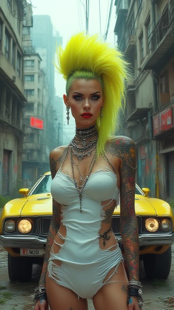 A post-apocalyptic femme fatale, with large breasts, punk character with a vibrant neon yellow mohawk and bold undercut, exuding defiance with intense eyes, dark makeup, and a striking red lip. Adorned with numerous piercings and elaborate tattoos of skulls and monsters on arms and back, her figure standing boldly in a tight-fitting, torn white dress. The backdrop features a gritty, chaotic urban dystopia with a rugged yellow muscle car bearing a 'KIL KIL' license plate, dilapidated buildings, faded graffiti, tangled wires, and ominous overcast skies, all bathed in vivid yet dark hues for a comic book aesthetic with high detail and dramatic lighting.