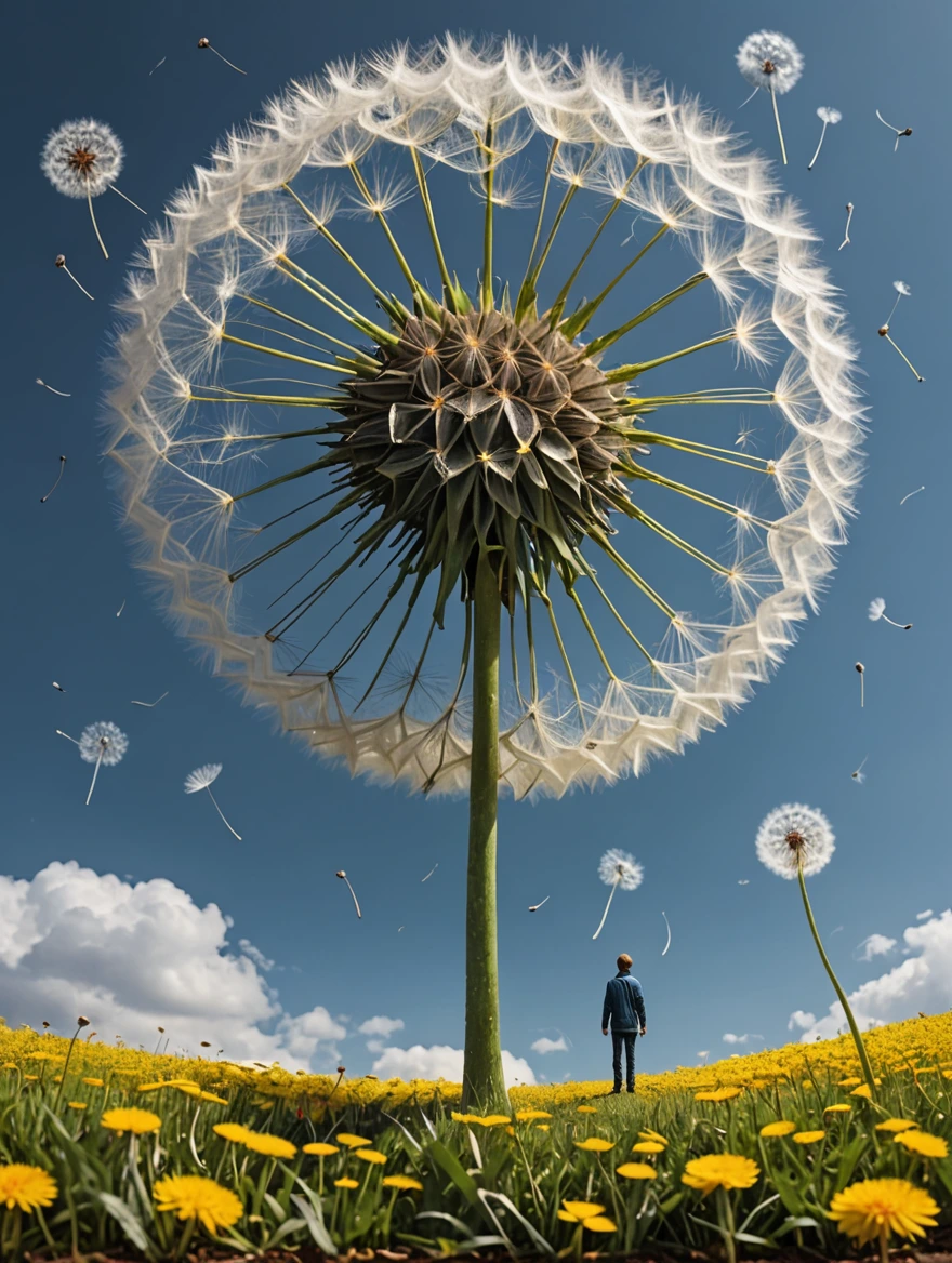 tiny man standing under a giant dandelion