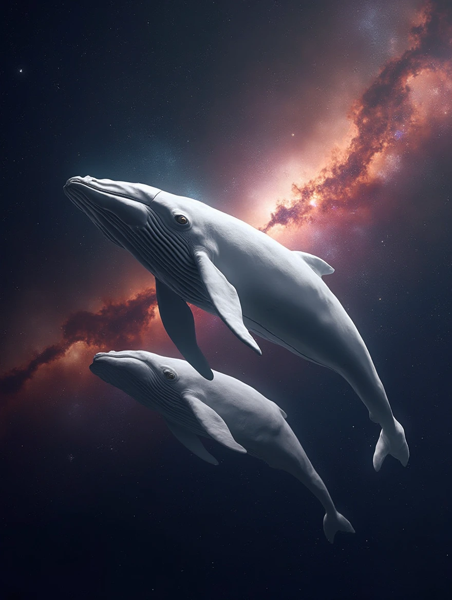 Create a digital sculpture of a beautiful Humpback whales swimming around in space. using AI technology, inspired by [albino white, dusty rose, and gold]. In deep dark space with a background of a vibrant Nebula.