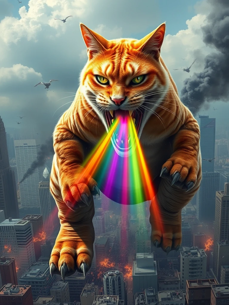 A majestic orange tabby cat with the features of a T-Rex towers over a bustling cityscape. Its reptilian eyes gleam with power and mischief as it unleashes a vibrant rainbow beam from its jaws. 

The cat's massive, muscular frame casts a looming shadow over the city below. Buildings crumble in its wake, as chaos and destruction ensue. Yet, amidst the mayhem, there is a blend of colorful magic - the rainbow beam emanating from the cat's mouth seems to infuse the scene with an otherworldly, photorealistic quality.

The juxtaposition of the cat's feline features with its T-Rex-like physique creates a captivating and fantastical creature. Its presence overwhelms the cityscape, challenging the viewer's sense of scale and perspective. This blending of the natural and the supernatural, the familiar and the bizarre, results in a truly awe-inspiring and visually stunning image.