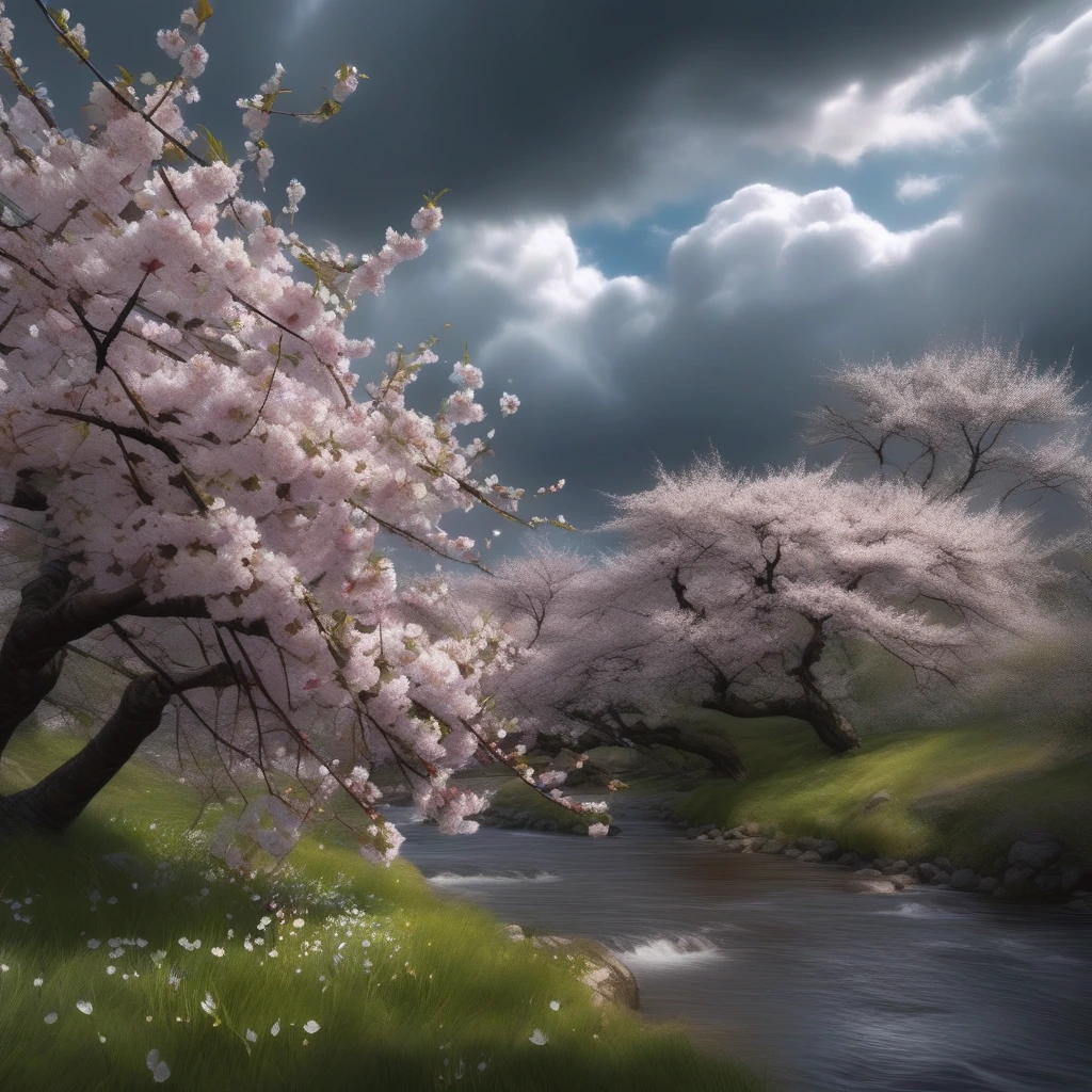 Generate a high-resolution, photorealistic image of a beautiful cherry tree in full bloom by a stream. The arrangement of windswept blossoms and boughs against the stormy sky creates the illusion of something seen but not seen, that seems to resemble a haunting demonic visage
, rendered in 8k resolution.