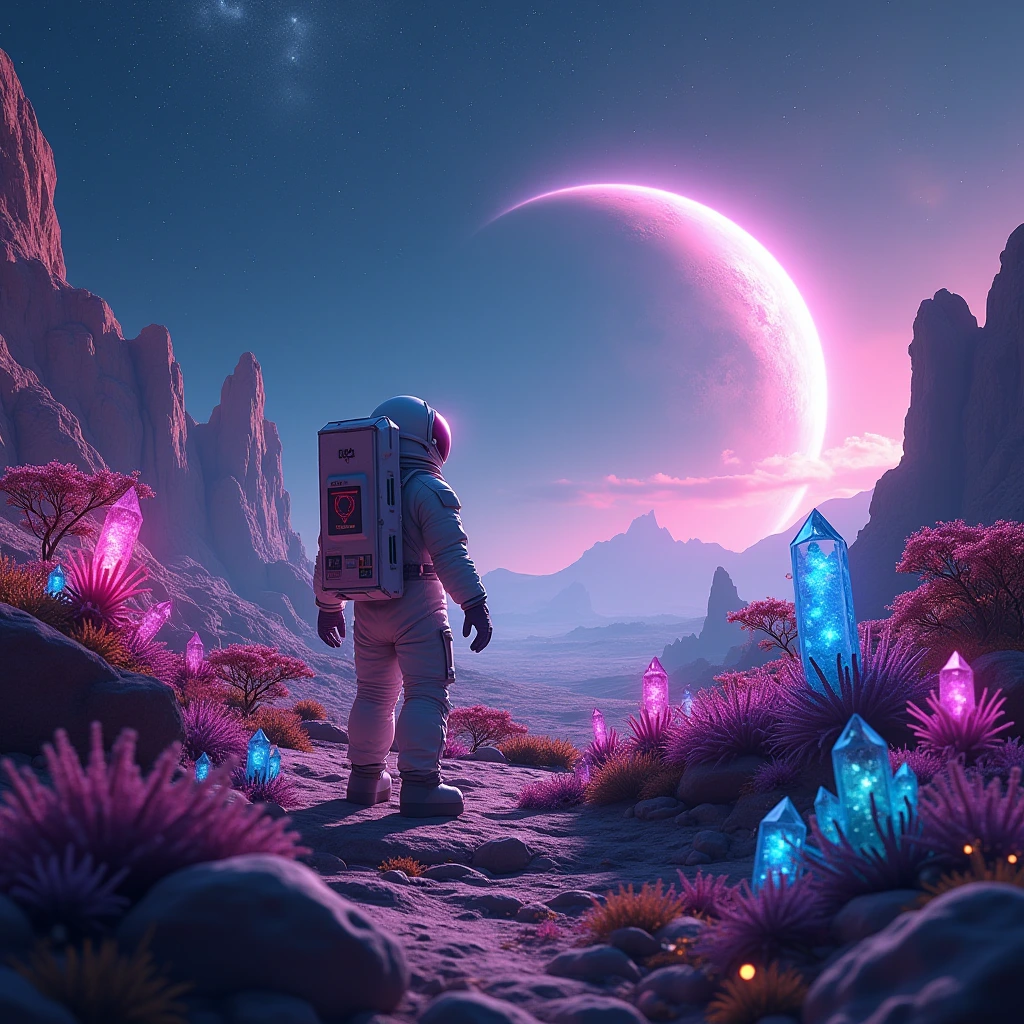 Creating a random prompt: "An astronaut exploring an alien planet's vibrant and surreal landscape, with sparkling multicolored crystals and bioluminescent plants casting an otherworldly glow, wide shot, fantastical and immersive, high resolution"