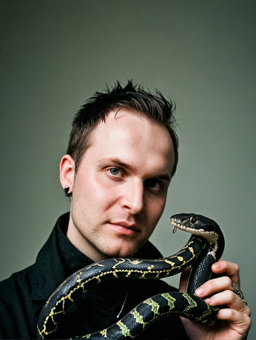 A male goth with piercings and a pet snake