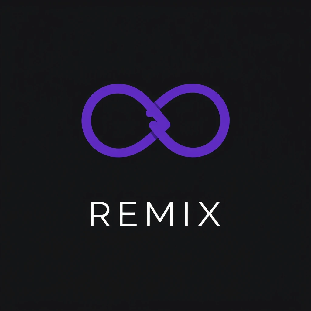 A minimal logo with a purple "R" litter morphed inside an infinity symbol. Below the logo, the text "REMIX" is written in a modern, sans-serif font. The logo is centered and has a negative space around it. The design follows the golden ratio and has a flat2d style. The background is black.