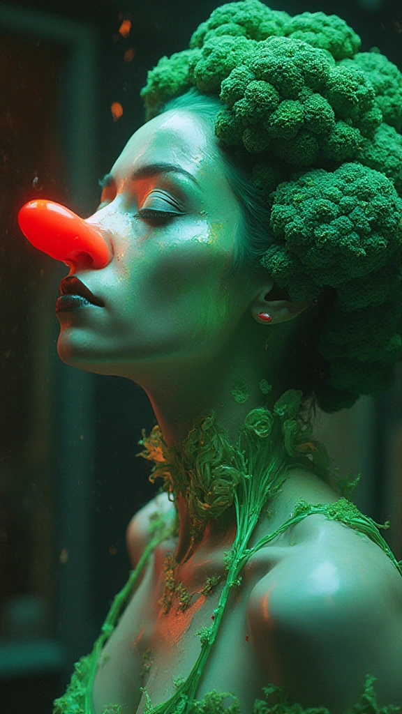 Neon colors, floral, unsettling, retro, vintage, glossy, satin-like, night-time, futuristic, iridescent,green , clown nose, futuristic fashion, scary broccoli whimsical, fantasy, green latex, dystopian, outdoors, metallic, hybrid, water, translucent, eerie, unsettling surrealism, muted colors horrorcore aesthetic [add buxom]