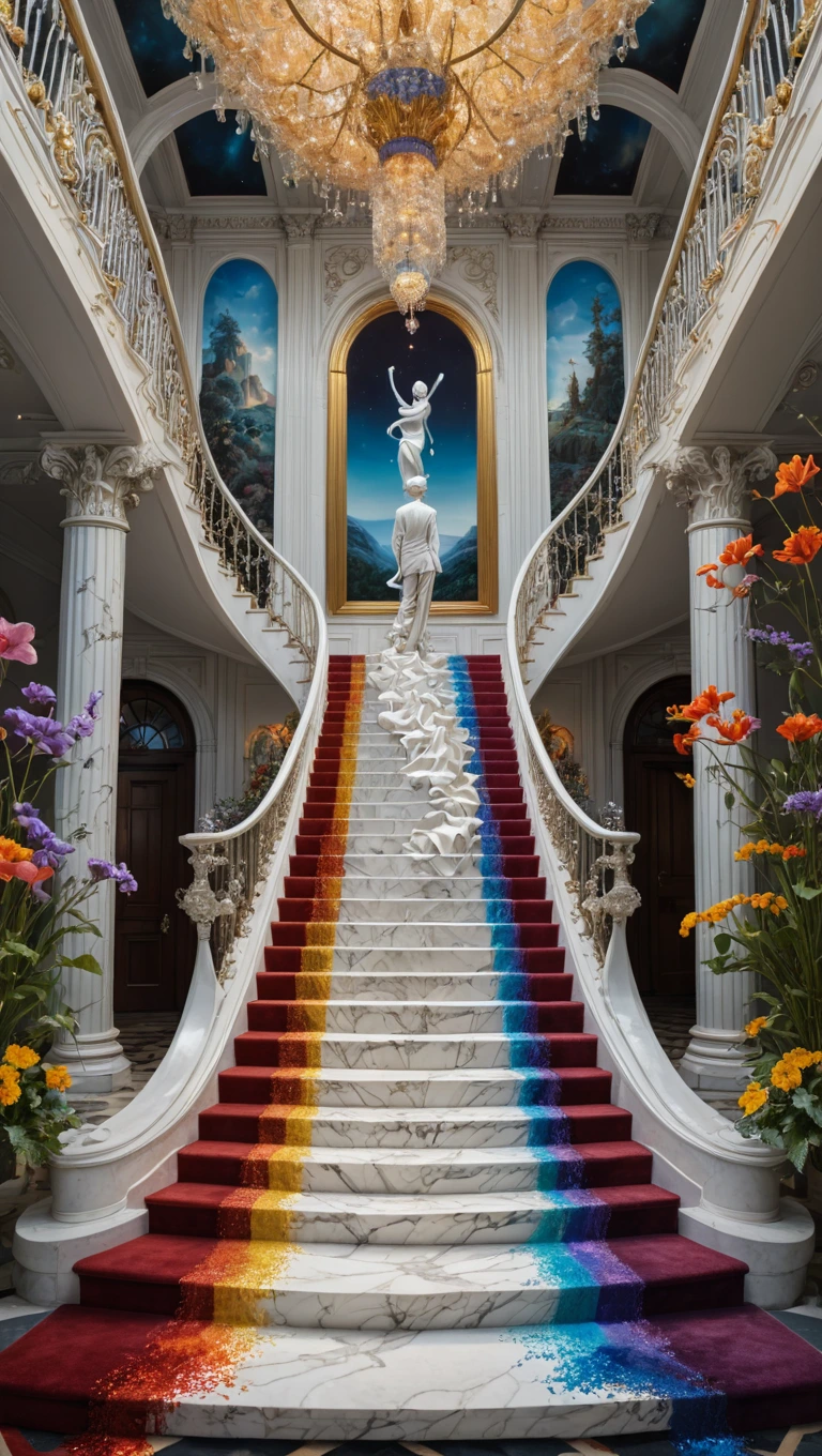 A surreal dreamlike scene of a pristine white marble staircase, adorned with shimmering crystal chandeliers casting rainbow reflections all around, creating a mesmerizing and elegant atmosphere. A surrealistic painting by Tim Burton infused with Dr. Seuss's whimsical charm, featuring a mesmerizing hyper-recursive Droste effect, drawing viewers deep into its intricate layers. The composition juxtaposes self-indulgence against fleeting equilibrium, influenced by the artistic style of Robert Lee Portrait, enhanced by L-system tessellation and Doppler-like visual effects. Expect to be enchanted by this intricate artwork's layers and thought-provoking symbolism, captured in fine detail. A dreamlike setting with sunset hues casting a golden glow over a vast field of wildflowers, reminiscent of Anton Semenov and Michael Cheval's dark fantasy and whimsical absurdity, portrayed in cinematic 8K realism with intricate detail.