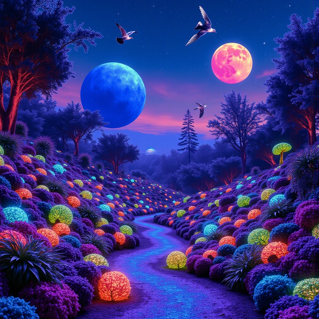 A galactic prayer garden at dusk, filled with bioluminescent plants that have more petal numbers than on earth, glowing in different colors, doves and owls with unusual colors flying around huge planets and moons. The whole scene is alluring, with gardens hanging from gravity holes and bridges made of stardust, this surreal scene is captured in high resolution.