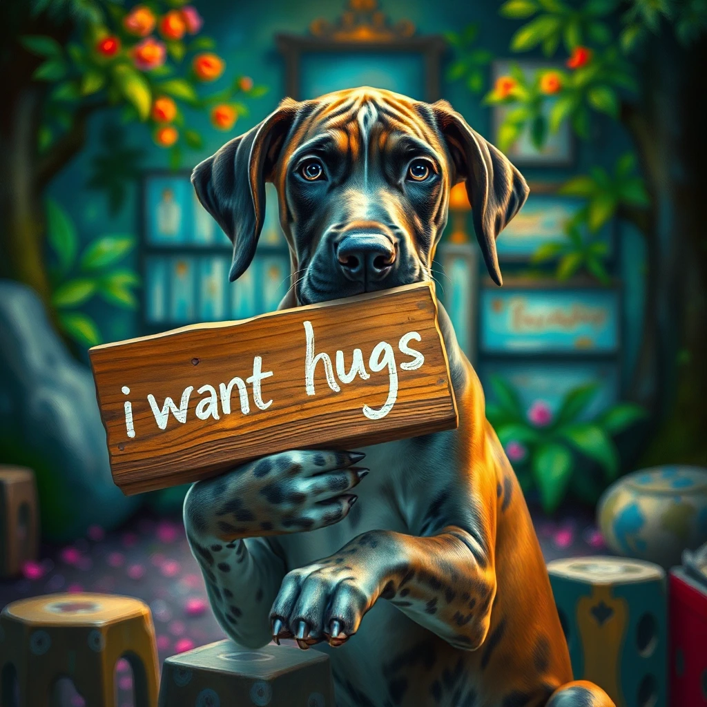 A painting masterpiece showcasing beautiful ultra detailed great Dane puppy holding a sign saying "i want hugs" through  distorted reality. The vivid colour palette and intricate brushwork immerse viewers in a mesmerizing world of realistic enchantment, where the surreal beauty of nature looms. The ambience is accentuated by cinematic lighting, elevating the atmosphere of mystical fantasy. Captured in crisp 1080p resolution, this lifestyle photograph invites you to delve into a realm of wonder and intrigue. Dramatic action