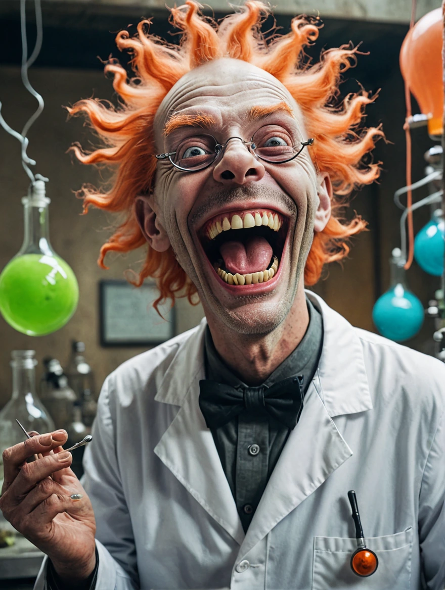 A mad scientist is laughing in joy at his monstrous creation spooky vibe, surrealist style, fantastical, magical, unexpected, super detail, dreamy lo-fi photography, colorful