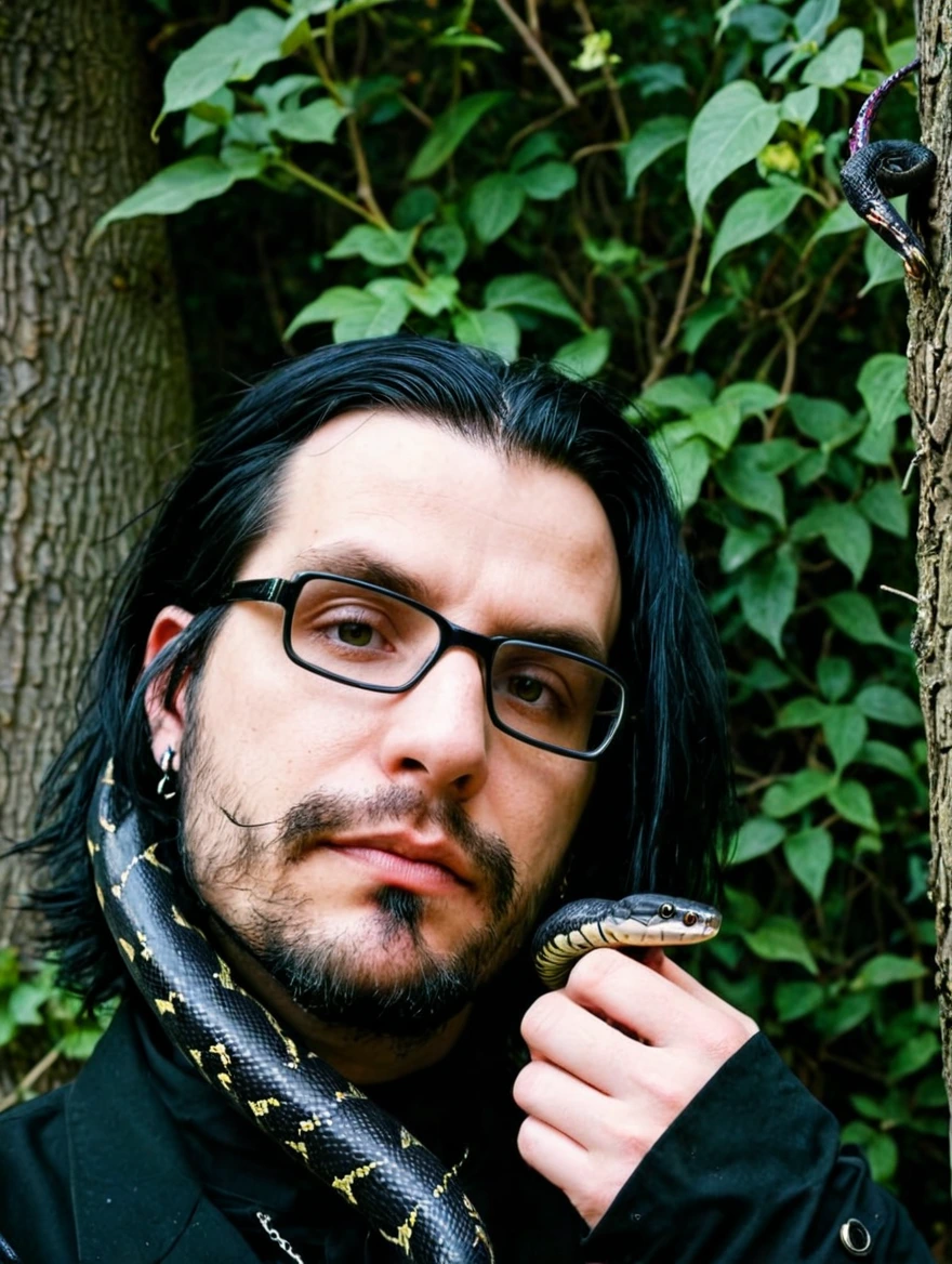 A male goth with piercings and a pet snake