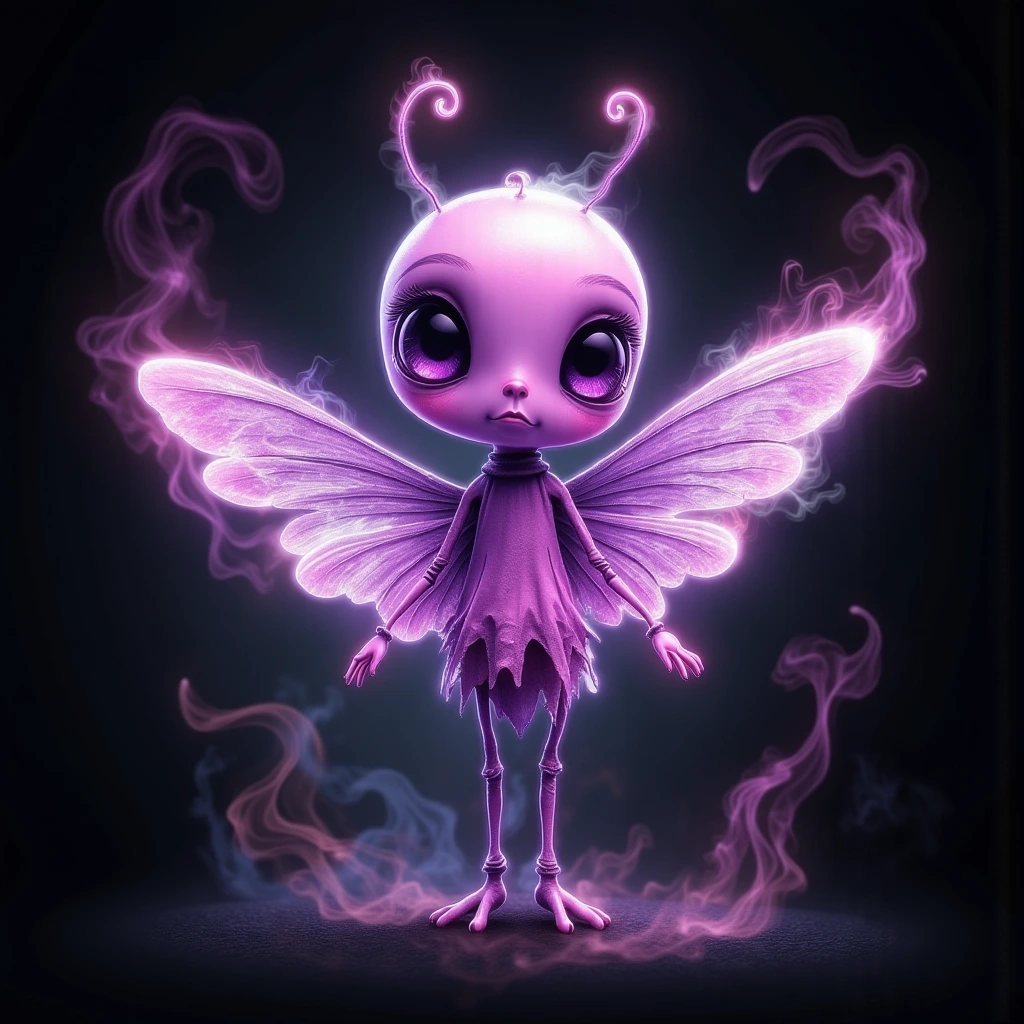 A whimsical Tim Burton-inspired cartoon of a small baby jellybean with thin legs and magnificent wings, featuring detail and exaggerated features. The monochrome tones with a SUBTLE hint of neon colors add a quirky touch to the high-quality art, placing the character in a whimsical background that complements the cartoon style perfectly.