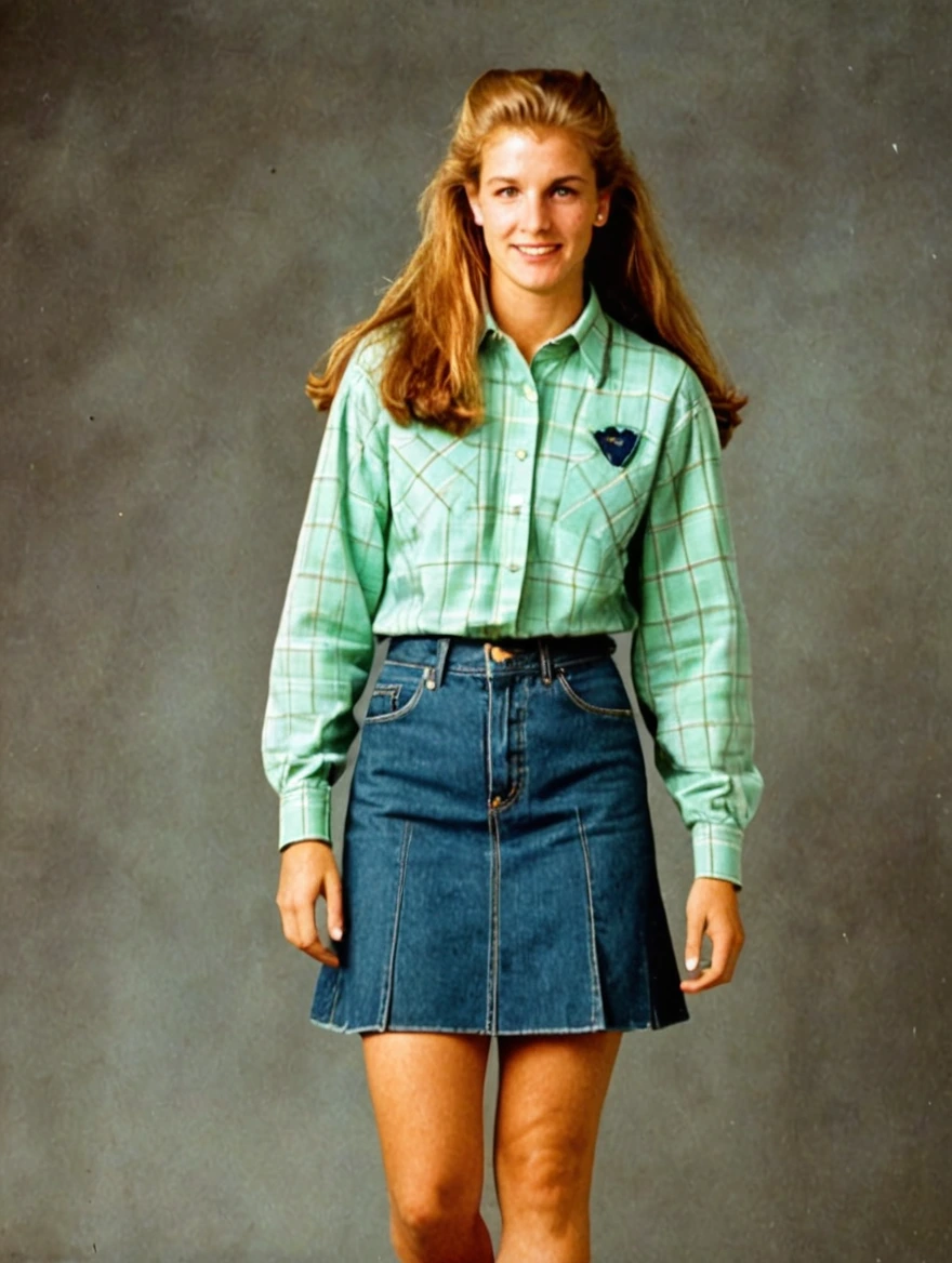 A 1993 yearbook photo of female high school student, plaid, jeans, hairspray, mini-skirts