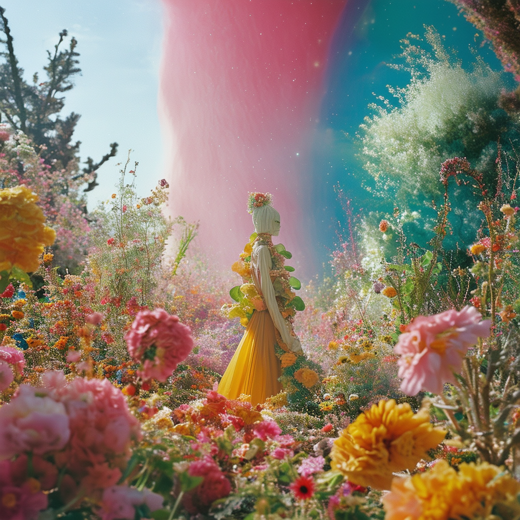 Close-up Shot of a galactic garden, Landscape Adox Color Implosion, by Tim Walker, photocollage, sun-soaked colours, advertising art, hyperrealistic environments, sculptural form, fanciful costume design