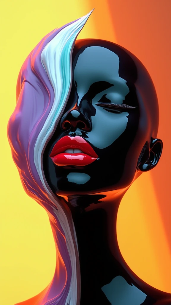 A surreal digital illustration of a glossy stylized human face with closed eyes made up of abstract, fluid shapes, with a combination of smooth, flowing lines and sharp geometric edges. The left side of the face is formed by a mix of colorful, swirling liquid shapes moving upwards in shades of purple, teal and white and covering half of the face entirely, while the right side features a more rigid, black, separated sharply in the middle. sculpted form with minimalist features. The lips are bright red and glossy, positioned centrally, creating a striking focal point. The background is a gradient that transitions from warm yellow-orange at the center to a darker shade at the edges, giving a glowing effect behind the abstract face. The overall style is futuristic and artistic, with a strong emphasis on contrast and symmetry.