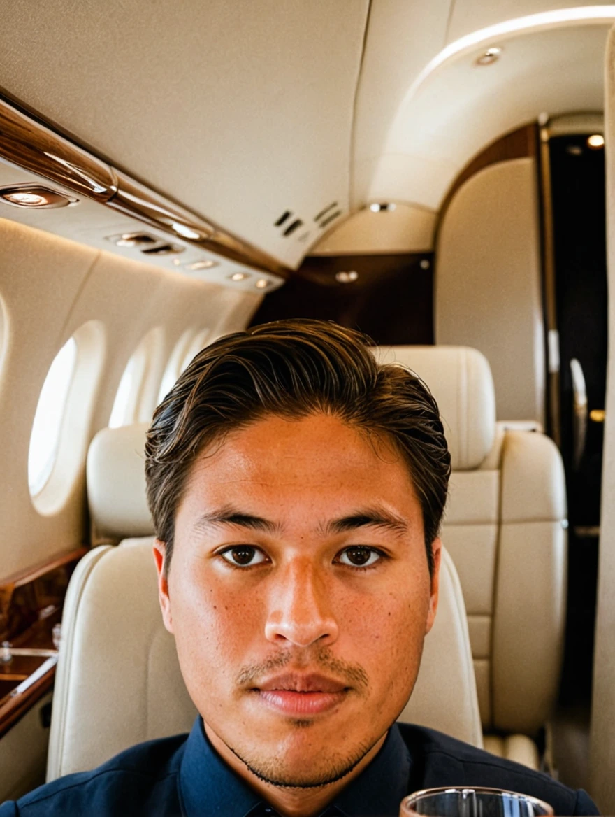 man drinking champagne on a private jet