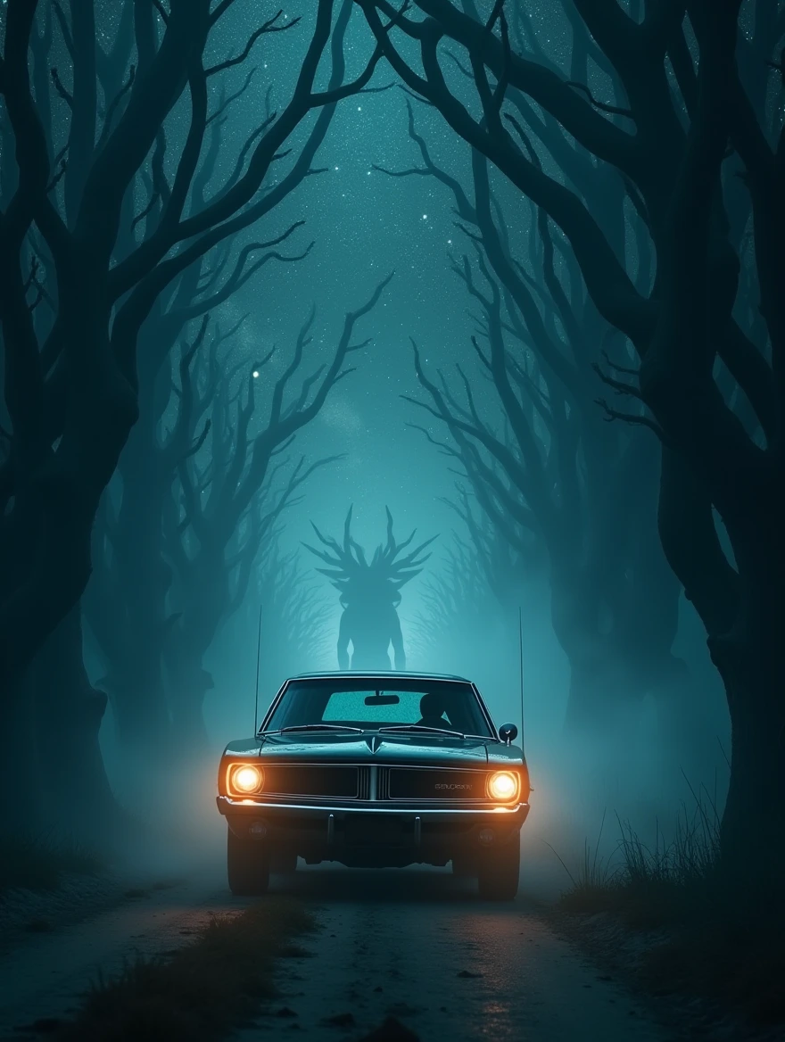 A night sky filled with stars shining through a misty, eerie tunnel made of twisted branches, creating a demonic figure in the distance. In the foreground, a black 1968 Dodge Charger speeds through the scene seemingly being followed by hundreds of zombies, headlights illuminating the fog. The atmosphere is haunting, with a surreal blend of twisted faces superimposed on the oceanic landscape, adding to the Lovecraftian horror of the scene.