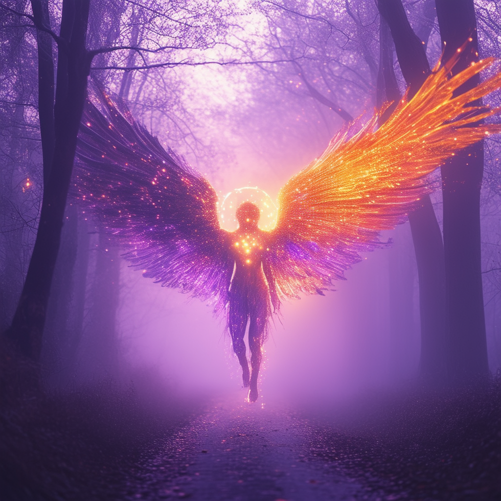 A foggy road enveloped in a dense, swirling purple and orange hued mist, with silhouettes of twisted, ancient trees barely visible through the haze. Unexpectedly, in the middle of the road, a magnificent and enormous winged angel creature made of pure energy hovers. Its wings are composed of shimmering light and tiny sparkling particles, giving off a soft glow that illuminates the fog around it. The creature’s eyes are radiant orbs, casting beams of light that create intricate patterns in the mist. The scene is otherworldly and magical, merging the mysterious beauty of nature with a sense of the supernatural.