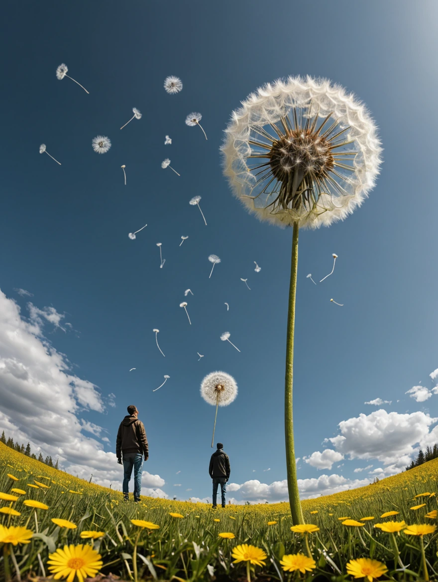 tiny man standing under a giant dandelion