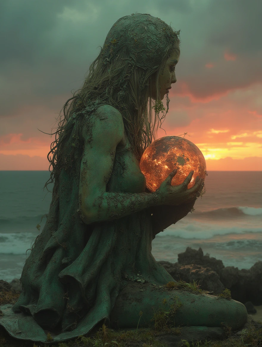 Create a full-scale copper sculpture of a woman holding a big orb representing a worl in ruins in a desolate dystopian village overlooking the ocean in ruins, made of solid copper, with a dirty green patina and showing signs of years gone by with tiny flora growing on it. A dark cloudy sky with orange and red ombrè showcasing an apocalyptic sky. 50mm lens, highly-detailed.