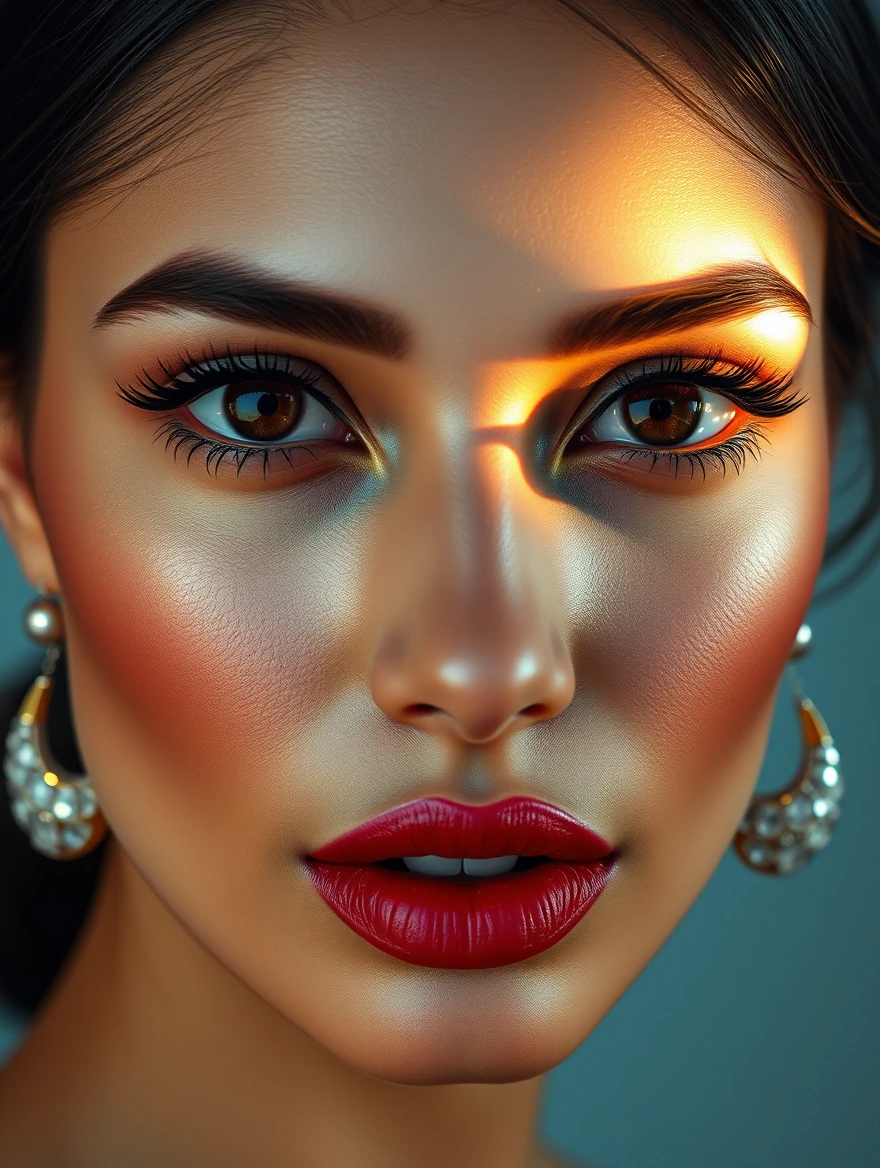 A hyper-realistic portrait showcasing the exquisite beauty of a Middle Eastern woman with striking red lips, flawless luminous skin emitting a subtle iridescent sheen, and enchanting dark eyes with a mesmerizing light reflection. She is adorned with elegant clear earrings featuring bold pink frames, radiating modern sophistication. The minimalistic composition accentuates her remarkable features and timeless elegance. The intricate details and meticulous shading bring this portrait to life with a photorealistic quality.8K