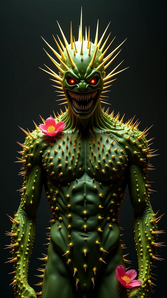 A surreal monochromatic portrait capturing a humanoid male figure resembling a cactus, encased in sharp, needle-like yellow spikes. The sleek green mask in the shape of Venom on its face boasts glowing red eyes, framed by a stunning arrangement of spikes akin to erupting solar flares. The muscular body showcases intricate spikes of varying lengths and thicknesses as well as a few big vibrant pink blossoms against a shadowy backdrop. The dynamic pose with twisted arms enhances the unearthly essence, while dramatic lighting highlights the spikes' gleam and precision. This avant-garde fashion photograph exudes horror with a centered composition, evoking a palpable aura of presence and impending danger. Ultra-high resolution, detailed textures, cinematic lighting, hyper-realistic quality, 16k resolution.