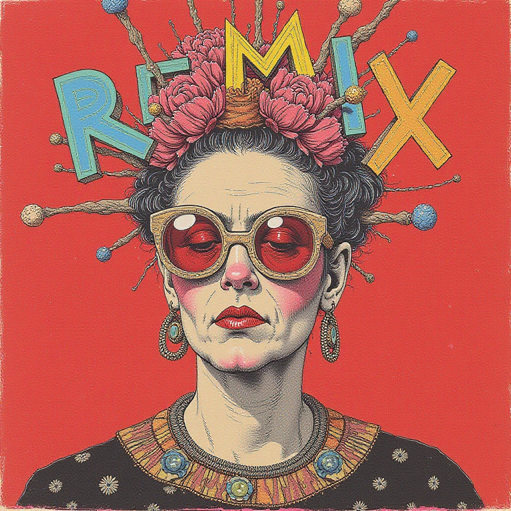 A wild proliferation of styles Friday Kahlo displayed under the word "REMIX". Red tshirt design