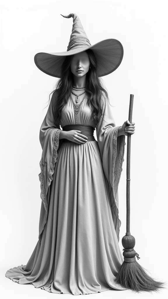 Create a pencil hand drawing of a classical witch