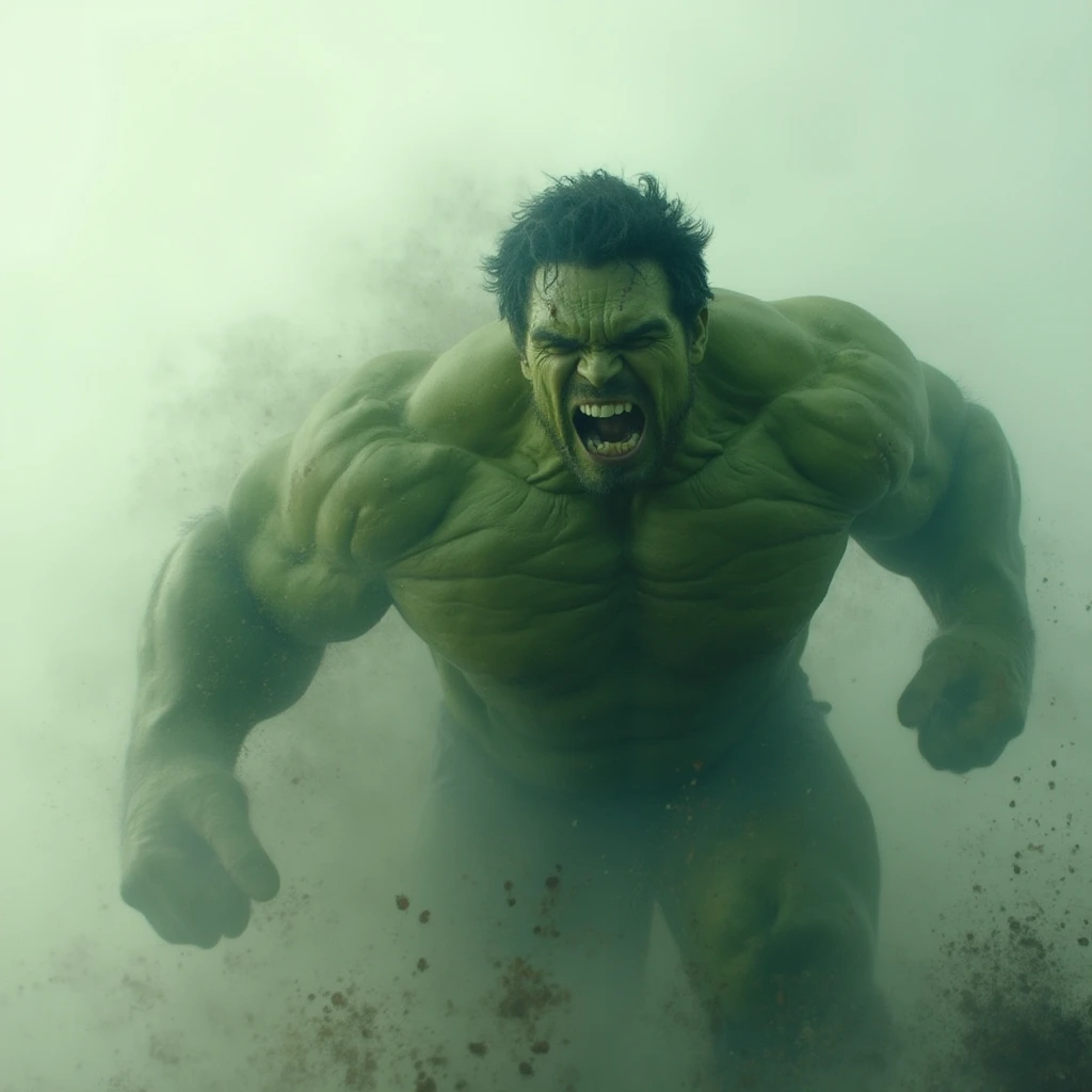 A multiple exposure photography scene in deferent positions capturing Mark Ruffalo with Halk, Mark Ruffalo turns to a massive Hulk with pain and screeming with sound waves effects. The image shows several layers of the transformation in different stages of a flowing Mark Ruffalo move, blending together with blurred transitions. Each layer highlights different points in the movement, from a man till he become the Hulk, creating a sense of fluidity, control, and power. The overlapping layers give the composition a dynamic and abstract quality, emphasizing the energy and pain and massive power of the Hulk.