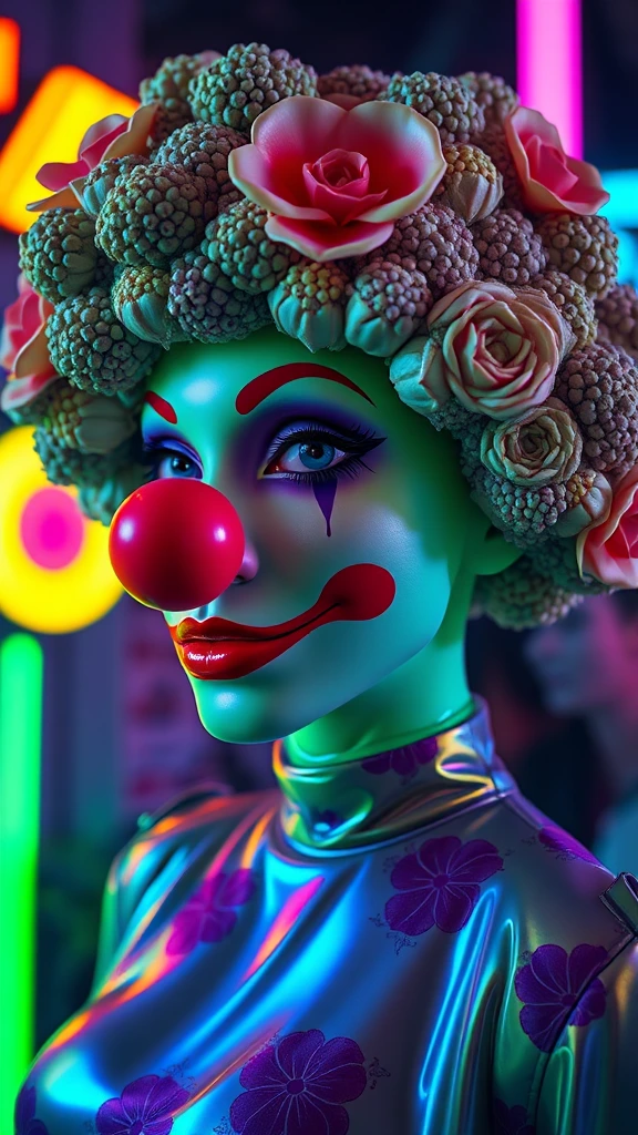 Neon colors, floral, unsettling, retro, vintage, glossy, satin-like, night-time, futuristic, iridescent,green , clown nose, futuristic fashion, scary broccoli whimsical, fantasy, green latex, dystopian, outdoors, metallic, hybrid, water, translucent, eerie, unsettling surrealism, muted colors horrorcore aesthetic [add buxom]