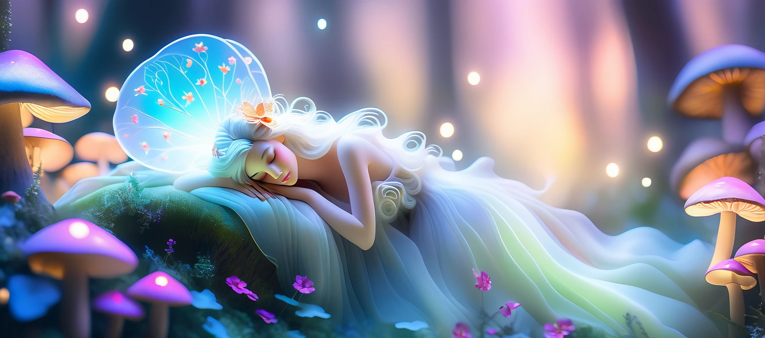 Macro shot of a light translucent faerie sleeping atop of a mushroom blurred background forest Then this sequence ethereal floating fairy with flowing silver hair wearing delicate translucent garb, surrounded by vibrant flowers and lush greenery in a whimsical forest garden setting reminiscent of a Patrick Woodroffe illustration. Illuminated by soft, magical light with a dreamlike aura, creating an enchanting and fantastical atmosphere. surrealist style, fantastical, magical, unexpected, super detail, dreamy lo-fi photography, colorful, abstract art, backlit, golden hour lighting, dreamy vibe, long exposure lighting