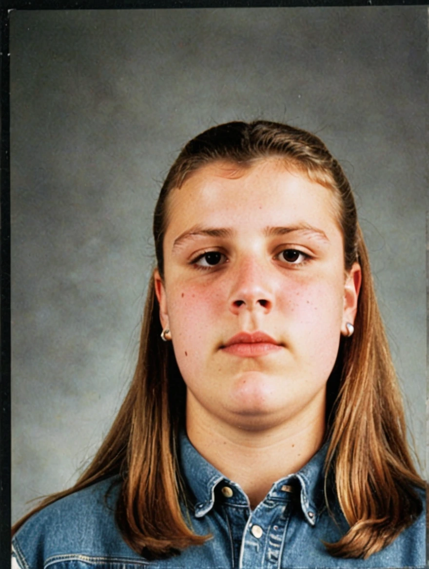 A 1993 yearbook photo of female high school student, plaid, jeans, hairspray, mini-skirts