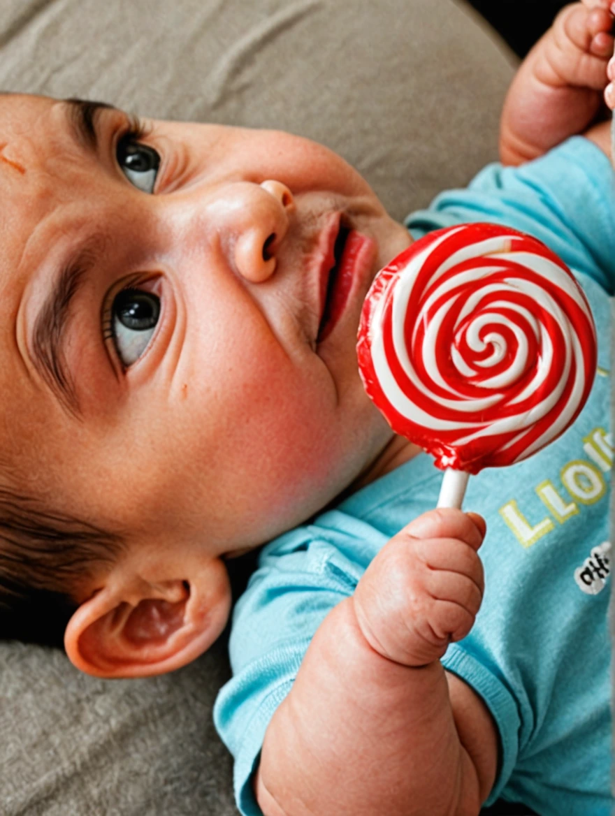 A baby holding a giant lolipop