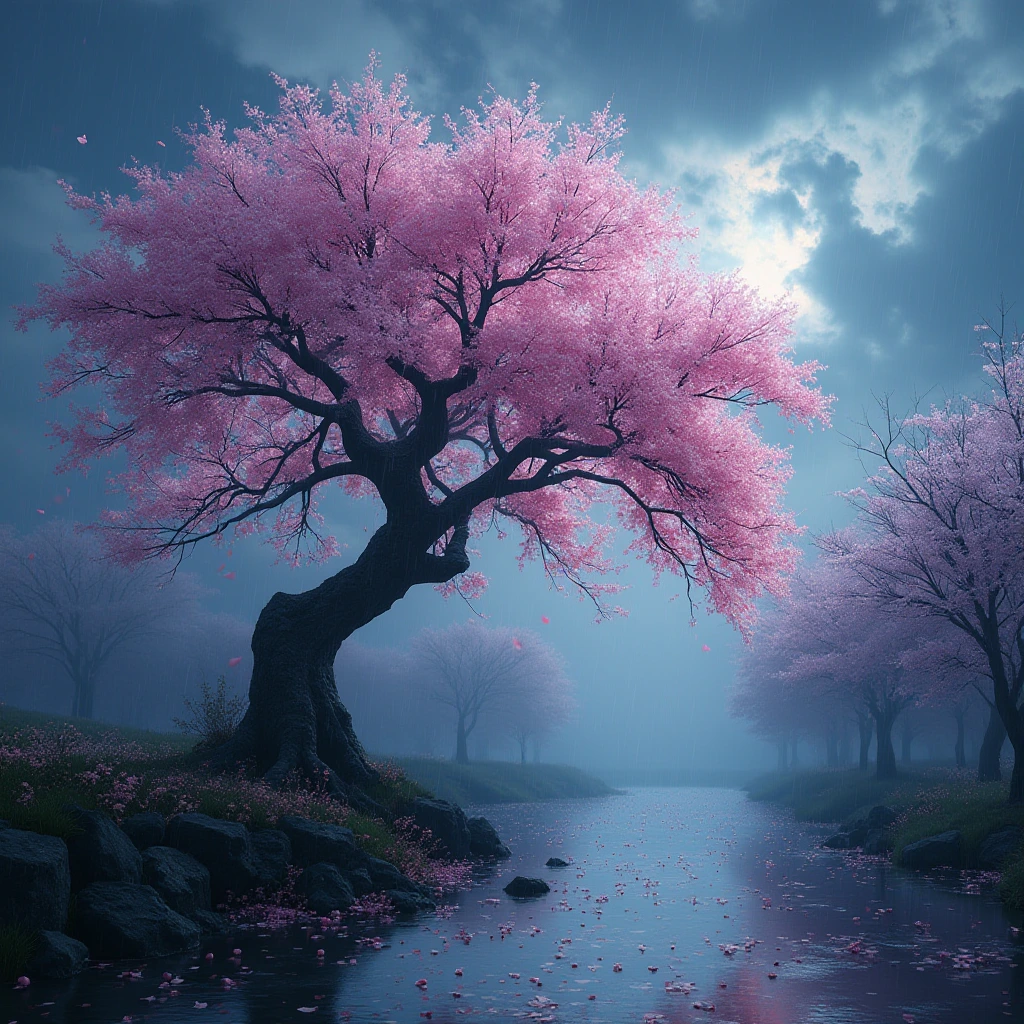 Generate a high-resolution, photorealistic image of a beautiful cherry tree in full bloom by a stream in a thunderstorm, petals floating and covering the surrounding ground. The arrangement of windswept boughs against the stormy sky creates the illusion of a haunting visage in the canopy, a demonic face formed by shifting light on the blossoms as the branches are blown by strong swirling winds.
, hyper-detailed, night, rendered in 8k resolution.