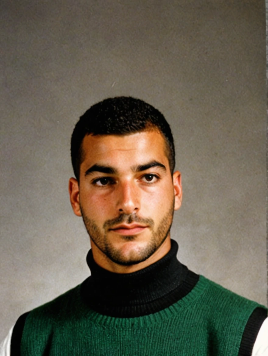 A 1993 yearbook photo of male high school student, turtlenecks, sweater vests, middle-part hairstyle