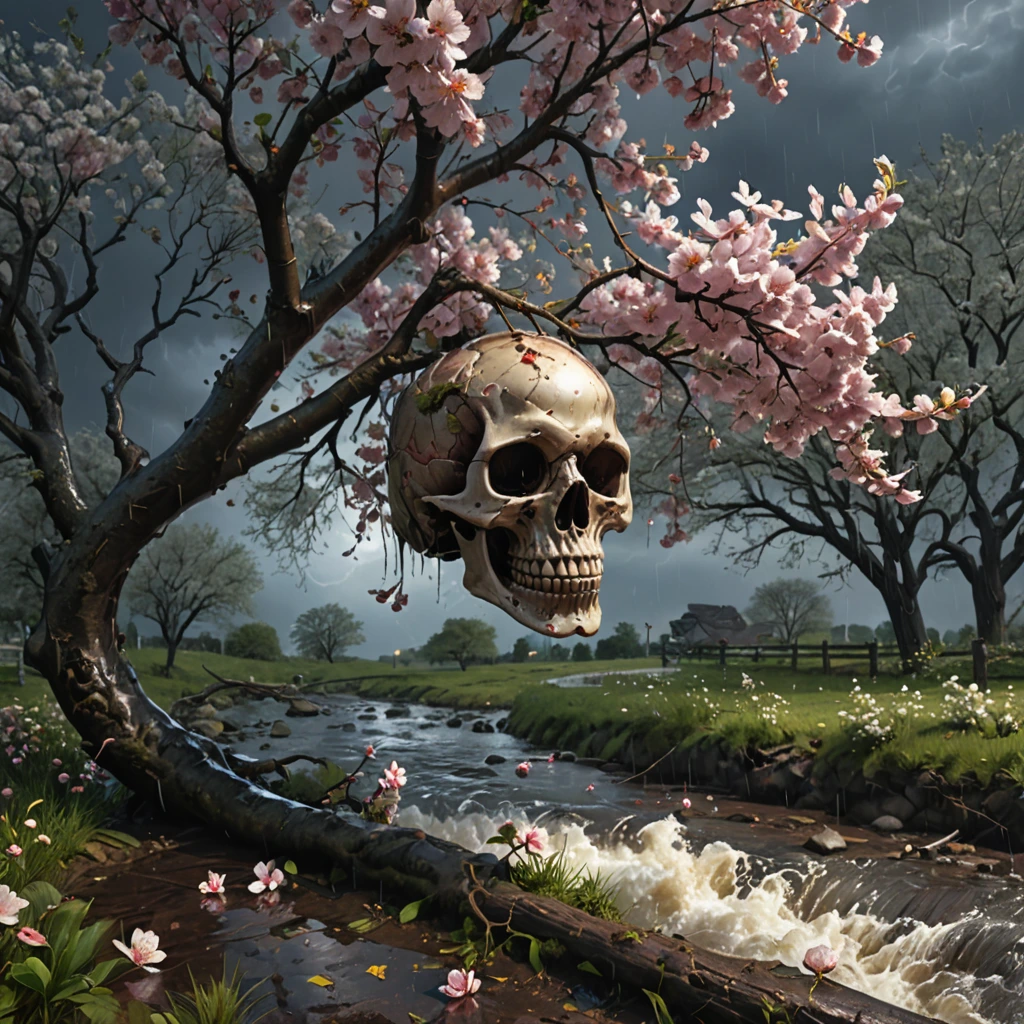 Generate a high-resolution, photorealistic image of a beautiful cherry tree in full bloom by a stream in a rainstorm, petals floating and covering the surrounding ground. The windswept canopy against the stormy sky shapes an illusion of a haunting visage, a demonic skull described by shifting light on the blossoms as the branches are blown by strong swirling winds.
, hyper-detailed, night, rendered in 8k resolution.