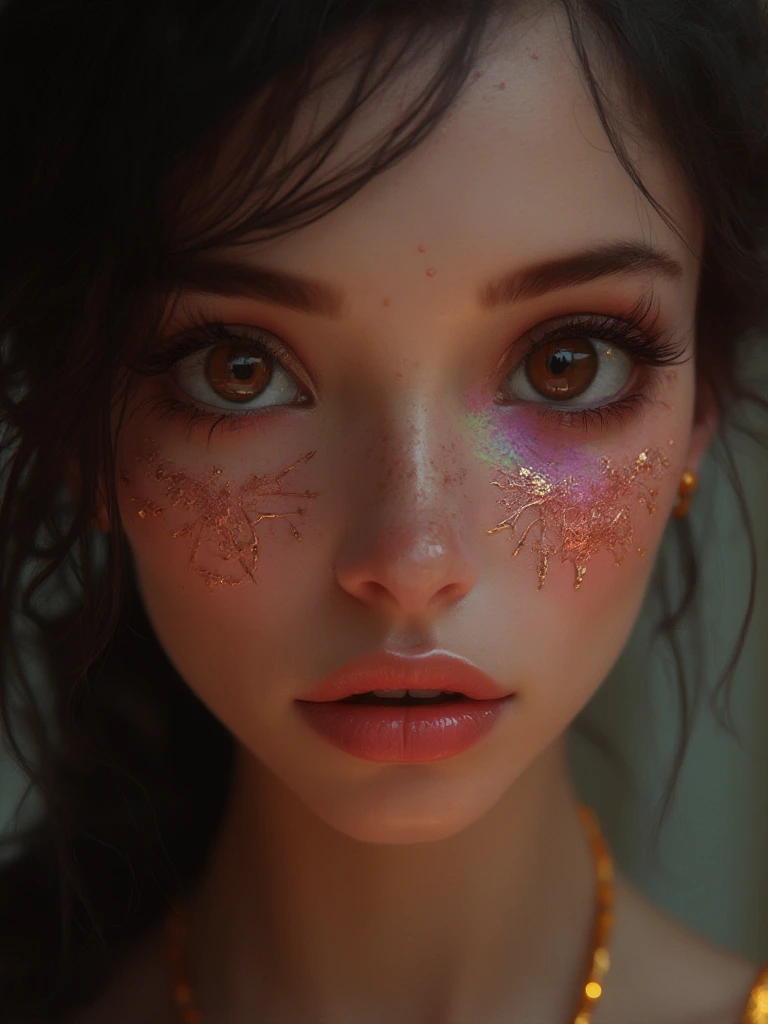 A high fidelity portrait posing a woman with iridescent skin, interacted detailed lips, shining black eyes, middle eastern aesthetics, hueFlow, minimal, centric, phenomenal pixar animation style