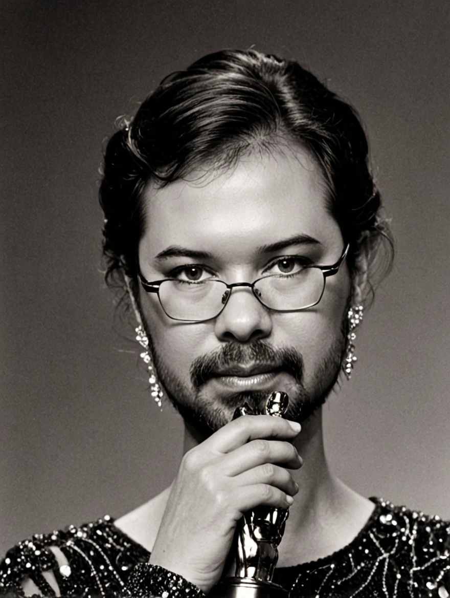 Woman wearing a glamorous dress winning an Oscar