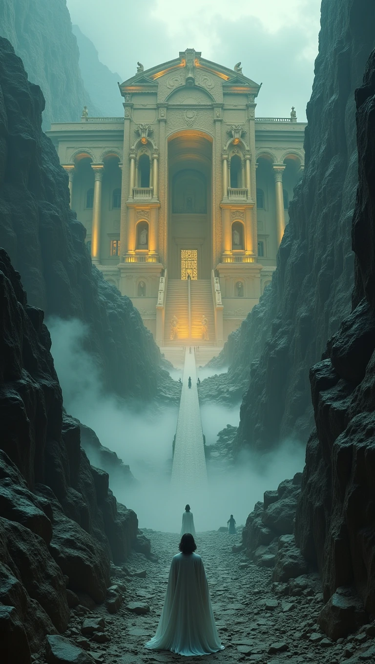 Create an image depicting an epic, surreal fantasy scene. The setting features a massive ancient golden temple carved into the side of a rugged mountain range. The temple boasts grand, classical architecture with large pillars and statues adorning its exterior. At the base of the mountain, a narrow, extremely foggy, winding path leads up toward the temple entrance. The path is shrouded in heavy mist, adding a mystical and ethereal atmosphere. Small silhouettes of people can be seen journeying along the path, led by a figure in a striking white flowing robe near the forefront. The overall ambiance is dark and dramatic, with contrasting lighting highlighting the architectural details and the treacherous path. The scene evokes a sense of awe, eerie, mystery, and pilgrimage