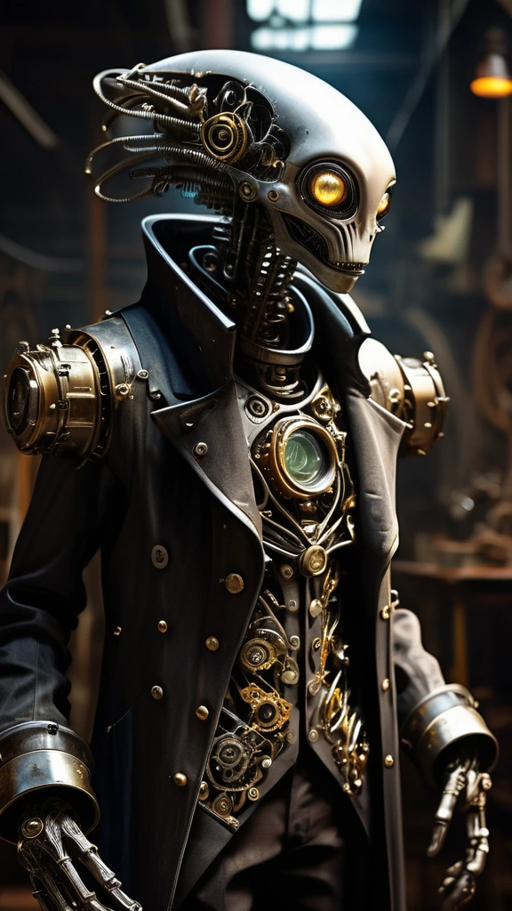 A mysterious Steampunk alien with intricate silver and brass gears and tubes, adorned in a tattered Victorian-era coat, emerges from a cloud of steam in a dimly lit industrial workshop. The alien's glowing, multi-faceted eyes gaze into the distance as gears turn and whir, creating an otherworldly atmosphere of technology and intrigue. The steam dissipates, revealing the alien's metallic exoskeleton, reflecting the soft glow of flickering gas lamps, casting eerie shadows and highlights against the worn wooden workbenches and tools strewn about.