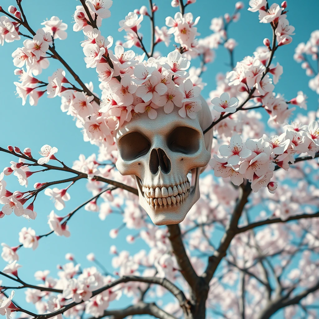 Generate a high-resolution, photorealistic image of a beautiful cherry tree in full bloom.
The illusion of demonic skull appears in the arrangement of the windswept blossoms
, rendered in 8k resolution.