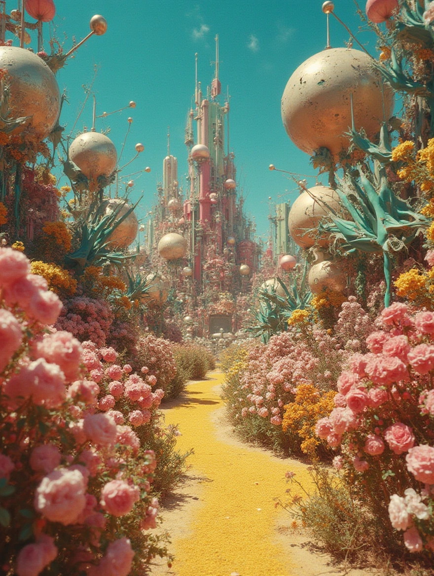 Close-up Shot of a galactic garden, Landscape Adox Color Implosion, by Tim Walker, photocollage, sun-soaked colours, advertising art, hyperrealistic environments, sculptural form, fanciful costume design