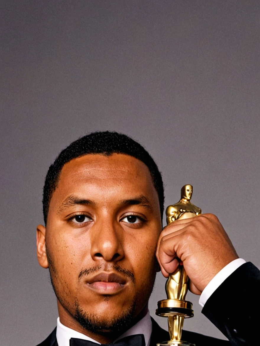 Man wearing a tuxedo winning an Oscar