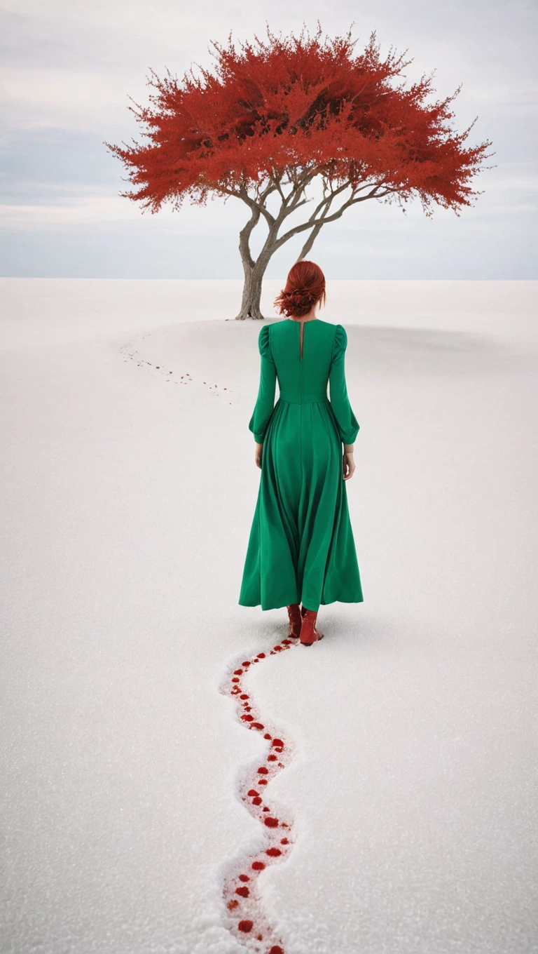 A whimsical and surreal photograph of a woman in a green dress walks in a white salt desert, surrounded by red tree inspired by Scarlett Hooft Graafland,