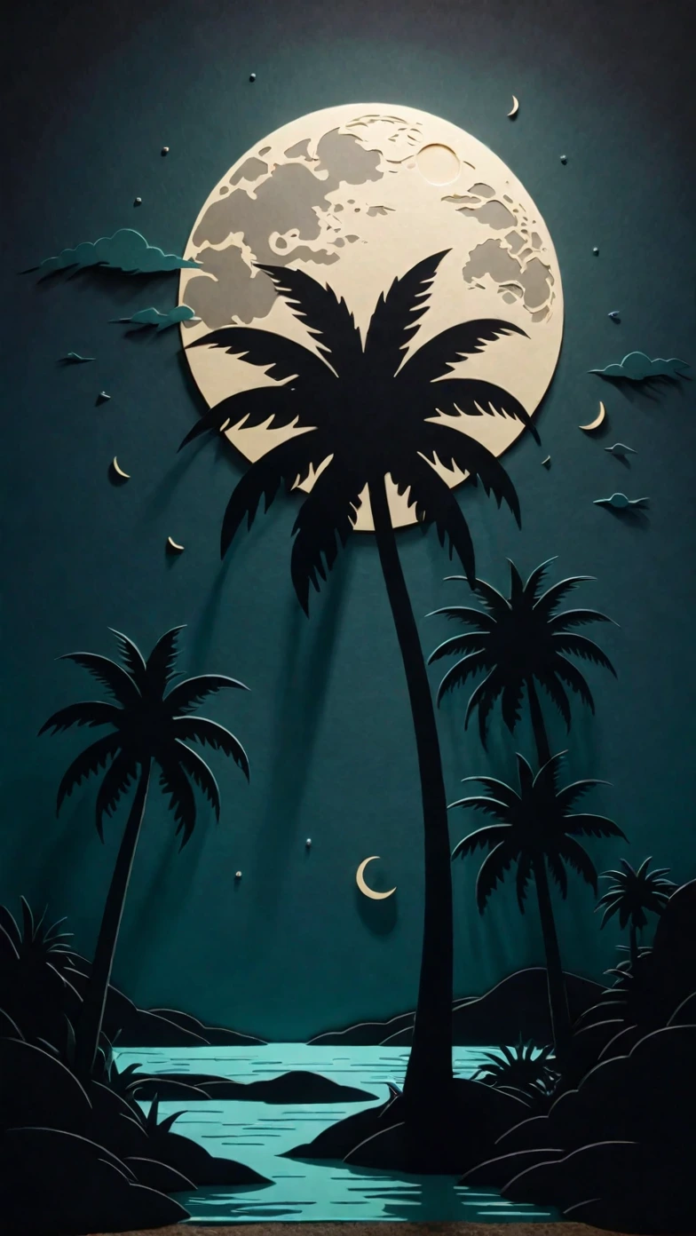 shadow of palm tree and moonlight.
three dimensional paper cut style, dark colors colors.