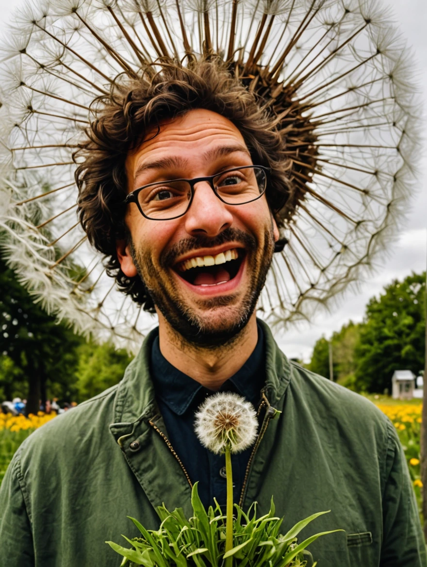 tiny man standing under a giant dandelion