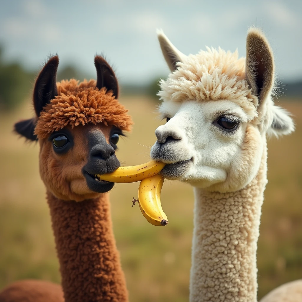 two alpacas eating a banana