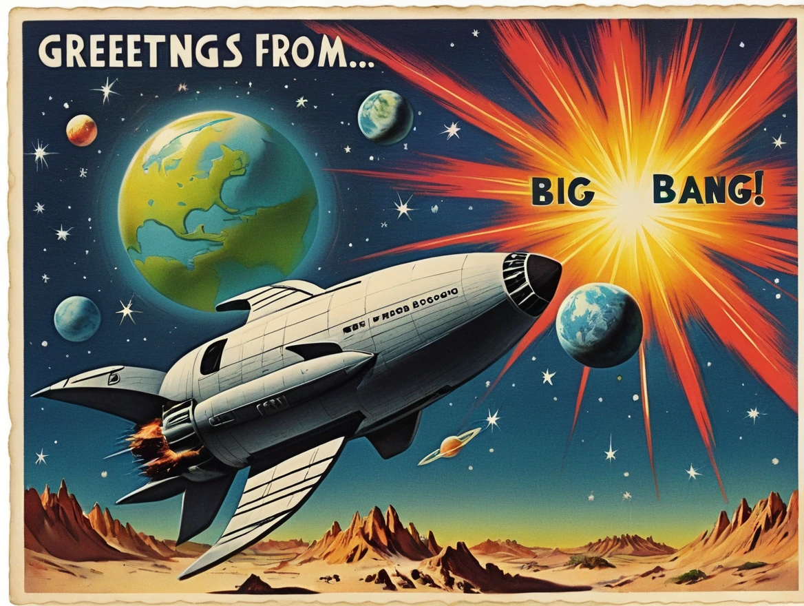 Postcard with text "Greetings from Big Bang", vintage postcard style,