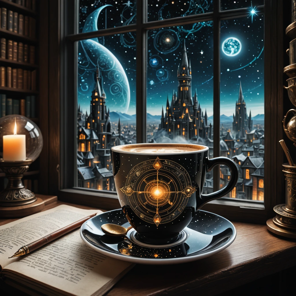 A detailed coffee cup by a window overlooks an wizard's techno-alchemical study, featuring futuristic and fantasy elements. The background is black, dotted with stars.