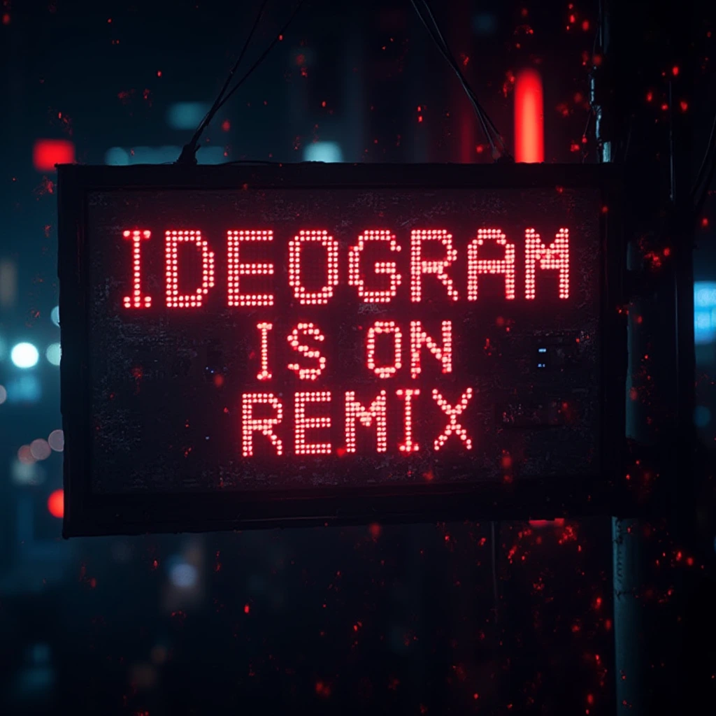 A digital sign with bold, futuristic font reading “IDEOGRAM IS ON REMIX” is set against a dynamic, neon-light background, creating a cyberpunk aesthetic reminiscent of a high-tech hacking scene in a sci-fi movie.