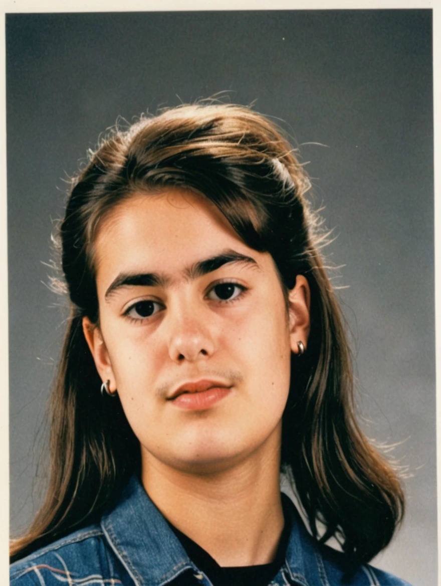 A 1993 yearbook photo of female high school student, plaid, jeans, hairspray, mini-skirts